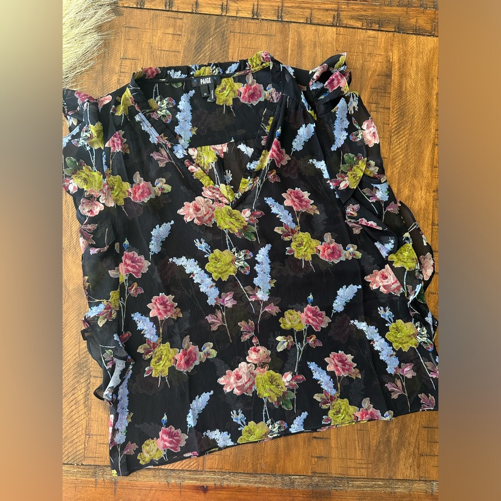 Paige Women’s Black Floral Blouse Ruffle Sleeves